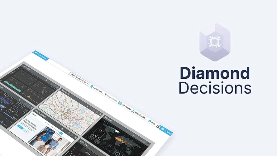 Diamond Decisions-Logo und Userful-Manager-Schnittstelle, die Daten-Dashboards und Websites anzeigt