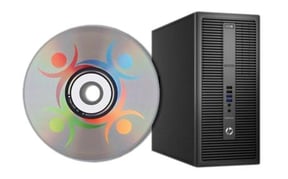 CD mit Userful-Logo neben einem PC-Tower von Hewlett-Packard