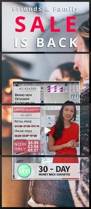 Vertikal lange 4-Panel-Videowand, die eine Werbung mit einem Bild-in-Bild-Video zeigt