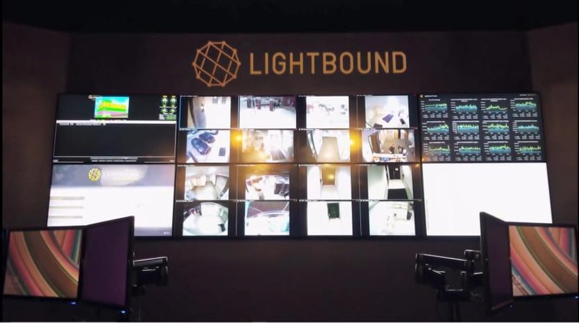 Leerer Lightbound-Kontrollraum mit 2 Arbeitsplätzen und Videowand zur Anzeige von Websites, Daten und Werbung