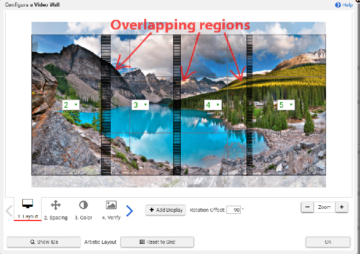 Überlappende Bereiche eines Fotos werden auf der Userful-Videowand-Konfiguratoroberfläche hervorgehoben