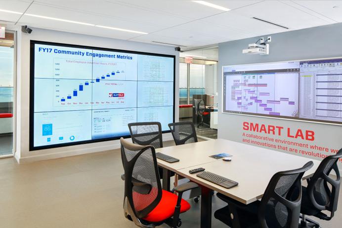 Leerer Besprechungsraum des Suffolk Smart Lab mit Tischen, Stühlen und Videowänden, auf denen verschiedene Dokumente, Daten und KPI-Dashboards angezeigt werden