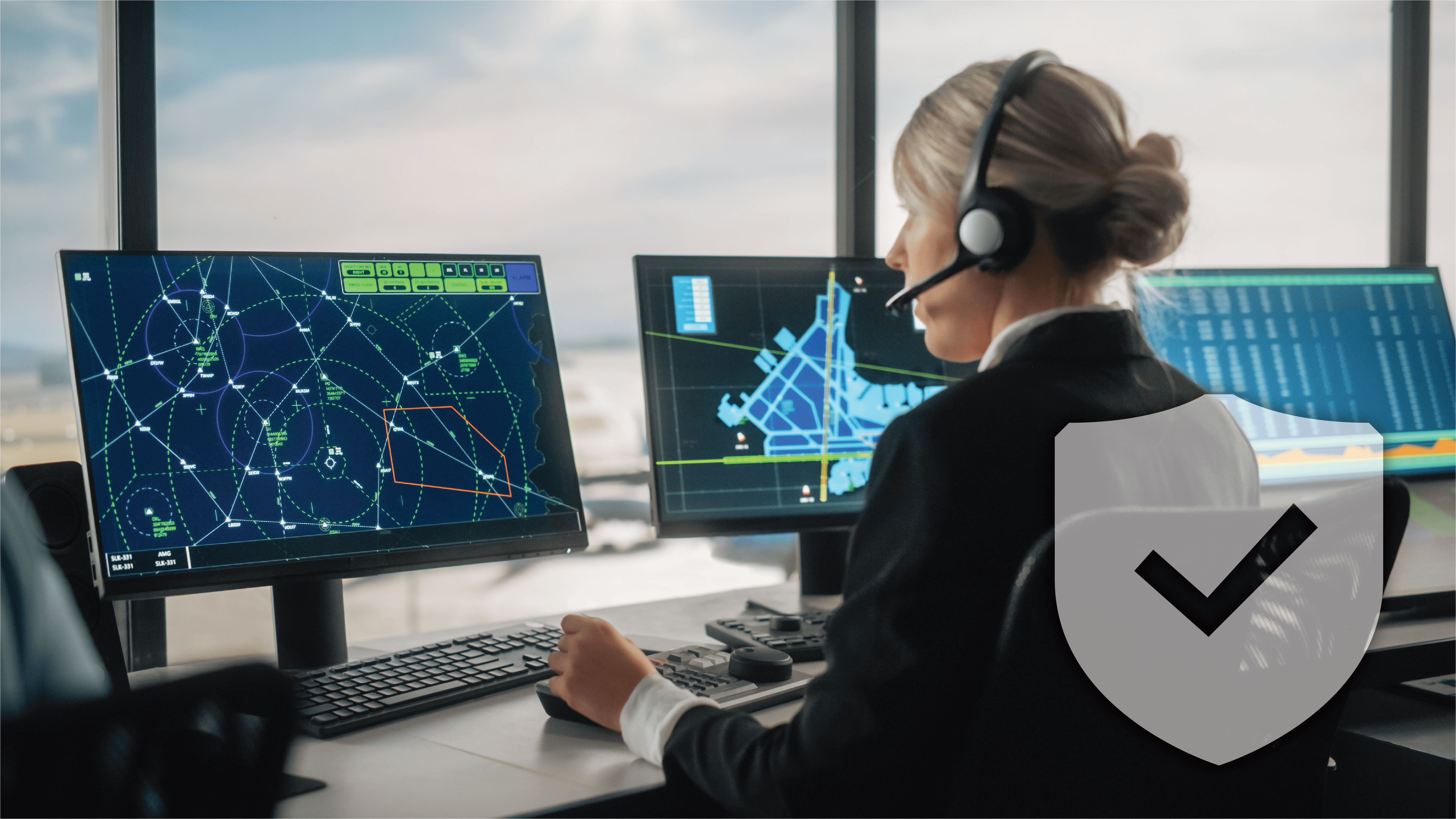 "Eine weibliche Fluglotsin mit einem Headset überwacht mehrere Radar- und Flughafenbildschirme in einem Kontrollturm. Sie benutzt einen Joystick und eine Tastatur und überwacht die Flugwege der Flugzeuge und den Flughafenbetrieb. Ein transparentes Schildsymbol mit einem überlagerten Häkchen symbolisiert Sicherheit und Systemzuverlässigkeit."