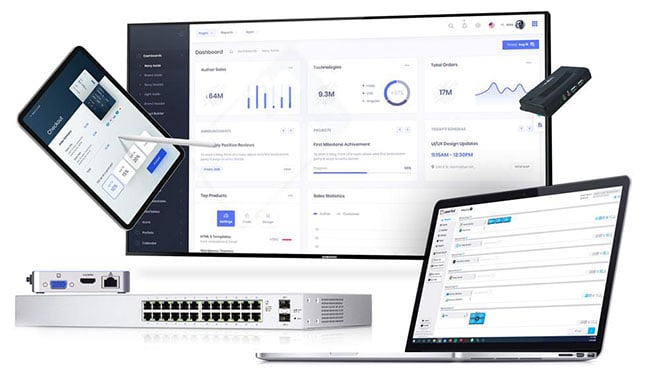 Tablets, Laptops und Fernseher, die Userful Visual Networking Software mit Netzwerk-Switches anzeigen.