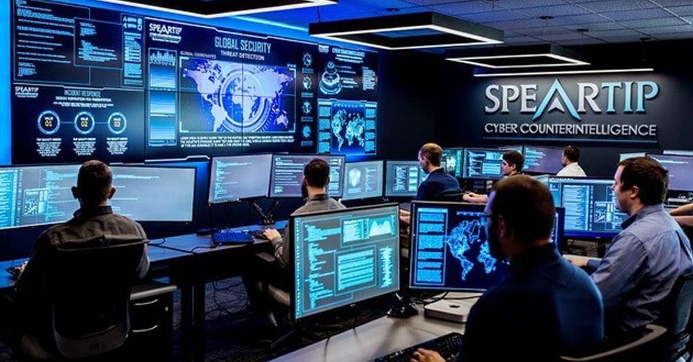 Speartip Cyber Counterintelligence Security Operations Center mit Videowänden, die Daten anzeigen, und Mitarbeitern an Arbeitsplätzen