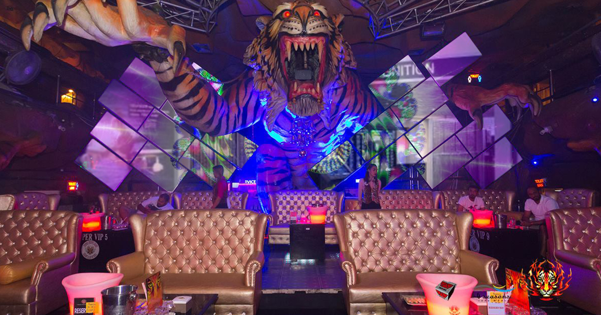 Künstlerische Videowand in der Lounge des Tiger Night Club, mit einem großen Tiger in der Mitte der Wände und einem Sitzbereich davor