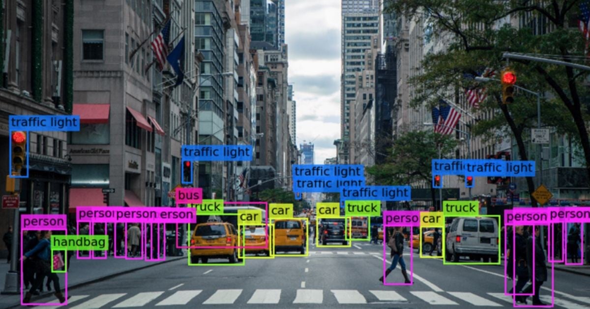 Stadtstraße mit Personen, Ampeln, Autos, Bussen, Lastwagen und Handtaschen, die durch KI-Software zur visuellen Erkennung hervorgehoben werden