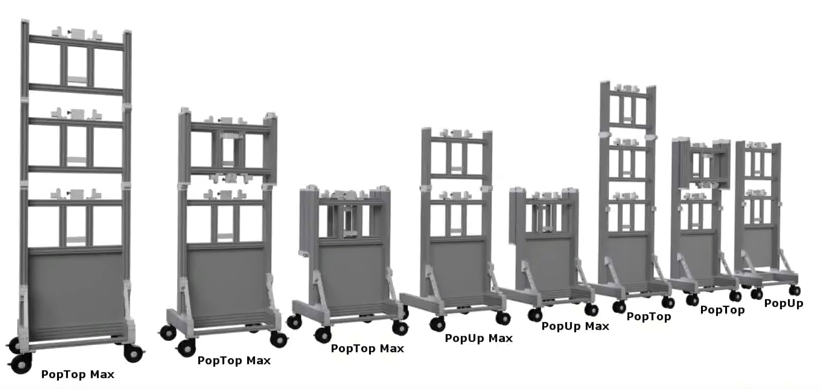 8 verschiedene tragbare modulare Videowandhalterungen, darunter 3 PopTop Max, 2 PopUp Max, 2 PopTop, 1 PopUp