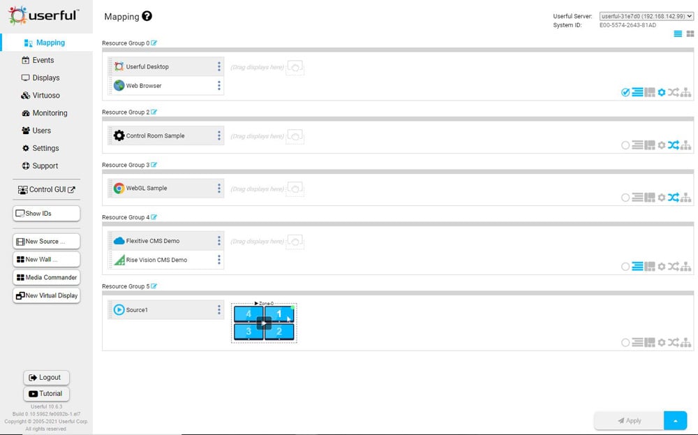 Benutzerfreundliche Manager-Mapping-Oberfläche mit verschiedenen Ressourcengruppen, darunter eine mit einer Videowand