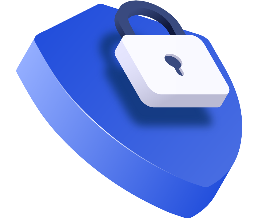 Tilted 3D blue shield, with a tilted 3D white lock